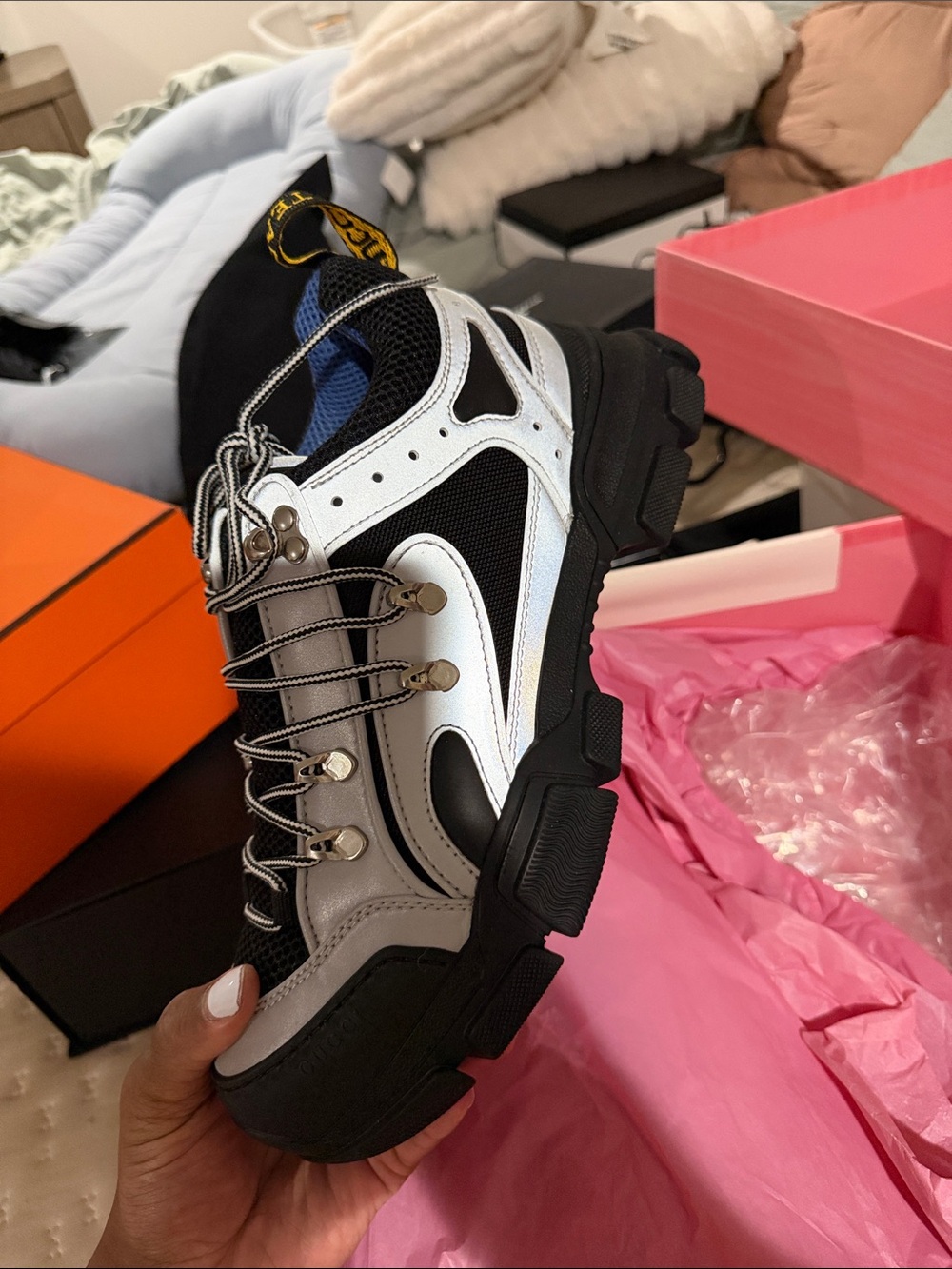 Gucci Black, Silver & Blue Chunky Trail Sneaker